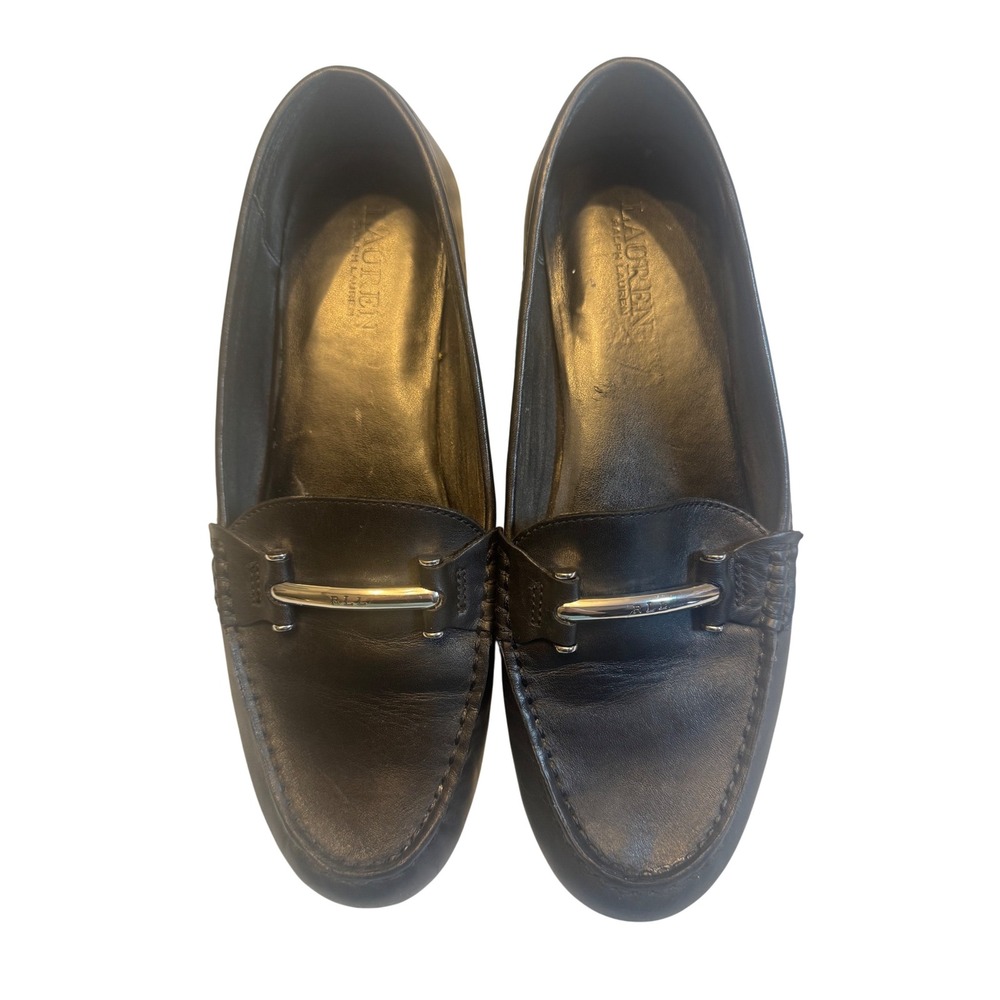 Lauren Ralph Lauren Black Leather Loafers Silver Bar Accent Comfortable 10